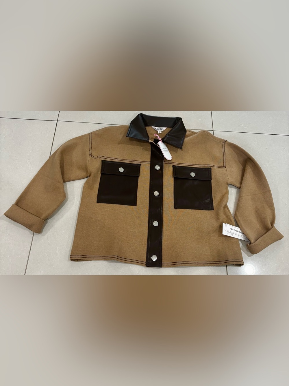 Nanette Lepore Tan and Dark Brown Faux Leather Trim Jacket